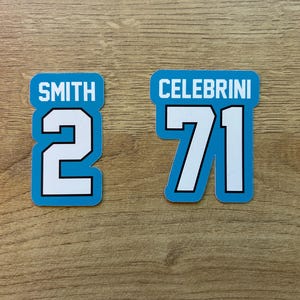Puede incluir: Dos pegatinas azules y blancas. Una pegatina dice "SMITH" encima del n&uacute;mero "2". La otra pegatina dice "CELEBRINI" encima del n&uacute;mero "71". Las pegatinas tienen un borde blanco.