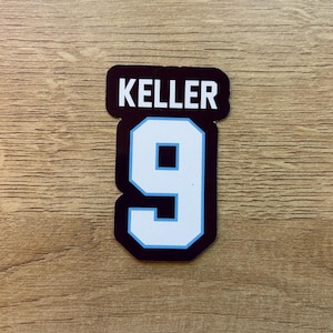 Puede incluir: Una pegatina con el nombre "KELLER" encima del n&uacute;mero "9". El n&uacute;mero es blanco con un contorno azul claro y un interior azul oscuro. El nombre "KELLER" est&aacute; en may&uacute;sculas blancas sobre un fondo oscuro.