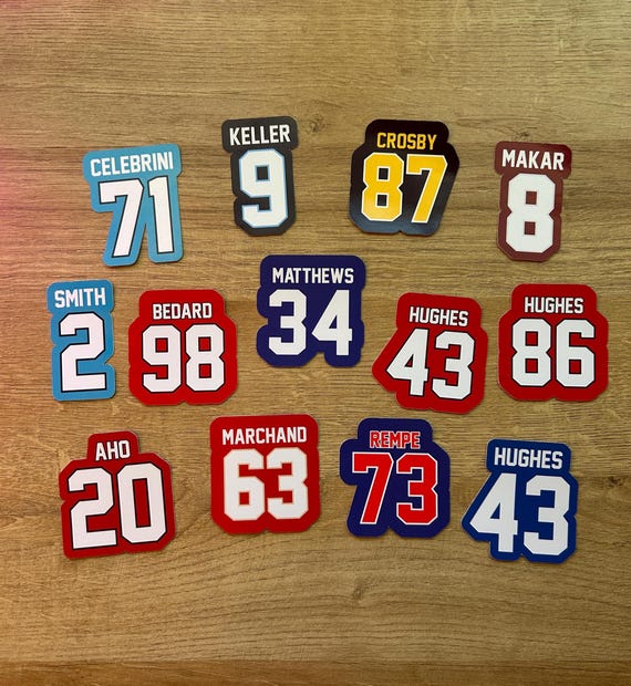 NHL Jersey Stickers | Sebastian Aho, Quinn Hughes, Auston Matthews, Sidney Crosby, Brad Marchand, Connor Bedard| Water Resistant