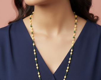 Handmade Beaded Necklace • Yellow Oval & Green Faceted Beads