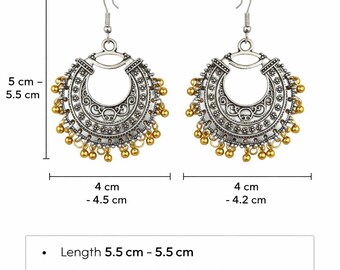 Oxidized Silver Chandbali Earrings with Golden Beads • Boho Ethnic Jewelry for Women