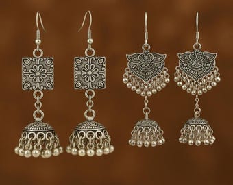 Handmade Oxidized Silver Jhumka Earrings: Boho Indian Jewelry (Buy 1 Get 1 Free)