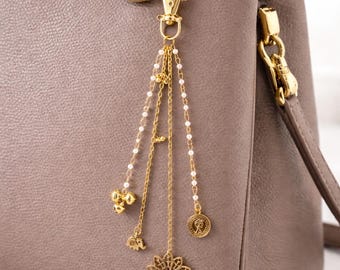 Handmade Beaded Bag Charm – Gold Floral, Boho Keychain