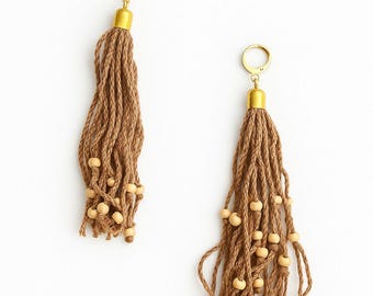 Handmade Boho Tassel Earrings with Wooden Beads – Natural Brown Jute Dangle Earrings