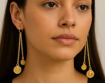 Vintage Coin Dangle Hoop Earrings – Queen Elizabeth || Boho Oxidized Gold Drop Earrings