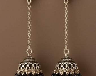 Oxidized Silver Chain Drop Jhumka Earrings, Ethnic Dangle Jewelry