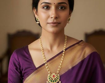 Handmade Kundan Pendant Necklace Set, Pearl Chain, Indian Bridal Jewelry
