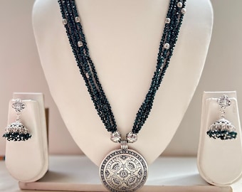 Handmade Mint Green Beaded Necklace Set: Oxidized Silver Pendant & Jhumka Earrings