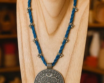 Handmade Blue Thread Necklace: Oxidized Silver Ethnic Pendant