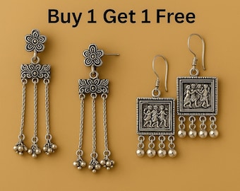 Oxidized Silver Dangle Earrings Set: Boho Vintage Ethnic Jewelry (Buy 1 Get 1 Free)