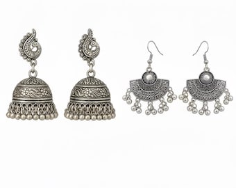 BOGO Oxidized Silver Jhumka & Tribal Fan Dangle Earrings Combo – Boho Ethnic Gift Set