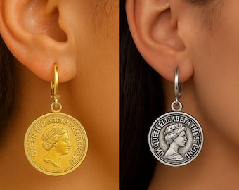 Vintage Coin Drop Earrings – Queen Elizabeth II Medallion Hoops in Gold & Silver - Combo Set