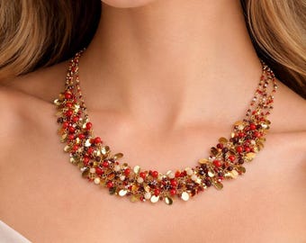 Multi Layer Beaded Charm Necklace • Gold Coin Statement Jewelry • Boho Wedding Party Accessory
