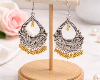 Oxidized Silver Boho Chandbali Earrings with Golden Beads • Tribal Indian Dangle Jewelry