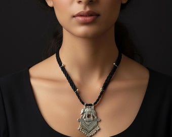 Handmade Oxidized Elephant Pendant Necklace | Black Cotton Cord, Boho Tribal Jewelry