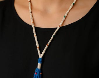 Modern Ethnic Handmade Thread Necklace with Colorful Beads and Vibrant Blue Tassel Rope Design
