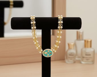 Gold Pearl Layered Bracelet with Enamel Charm – Dainty Adjustable Chain Bracelet