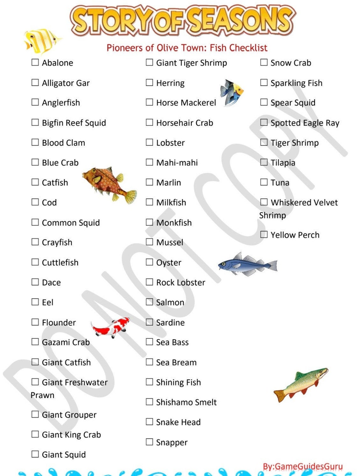 Story of Seasons Pioneers of Olive Town Fish Checklist Etsy