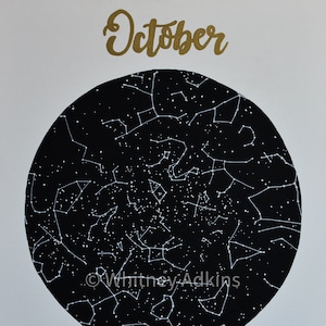Carte du ciel d'octobre, impression numérique, constellations, oeuvre d'art, carte du ciel nocturne, art mural