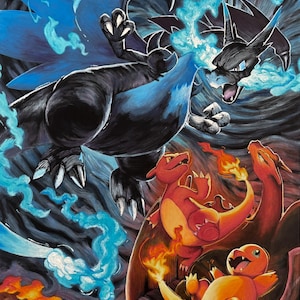 May include: A vibrant painting depicts a battle scene with two large, black and blue dragon-like creatures facing off. Below, three smaller orange and red creatures with flames are present. The artwork features dynamic brushstrokes and a dramatic color palette.