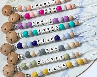 Personalised Name Pacifier /Dummy Clip /Dummy Chain /Soother /Silicone Sensory /Beech Wood /Food Grade /BPA Free /Newborn Gift Boy Girl