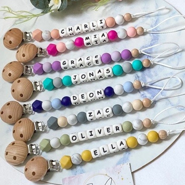 Personalized Name Pacifier /Dummy Clip /Dummy Chain /Soother /Silicone Sensory /Beech Wood /Food Grade /BPA Free /personalized gift Boy Girl