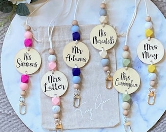Personalized Lanyard - Silicone |  Wooden Beaded Lanyard with Plaque | Teacher Gift | Custom