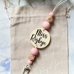 Personalized Lanyard Silicone Wooden Beaded Lanyard with Plaque Pale Tones Teacher Gift Custom Light Pink