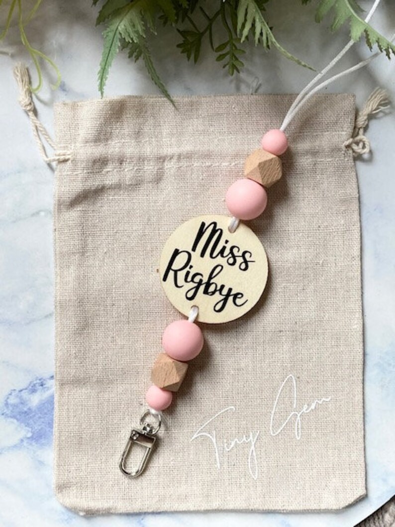 Personalized Lanyard Silicone Wooden Beaded Lanyard with Plaque Pale Tones Teacher Gift Custom Light Pink