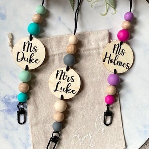 Personalised Lanyard - Silicone / Wooden Beaded Lanyard with Plaque - Two Tone / Teacher Gift