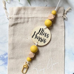 Personalized Lanyard Silicone Wooden Beaded Lanyard with Plaque Pale Tones Teacher Gift Custom Mustard