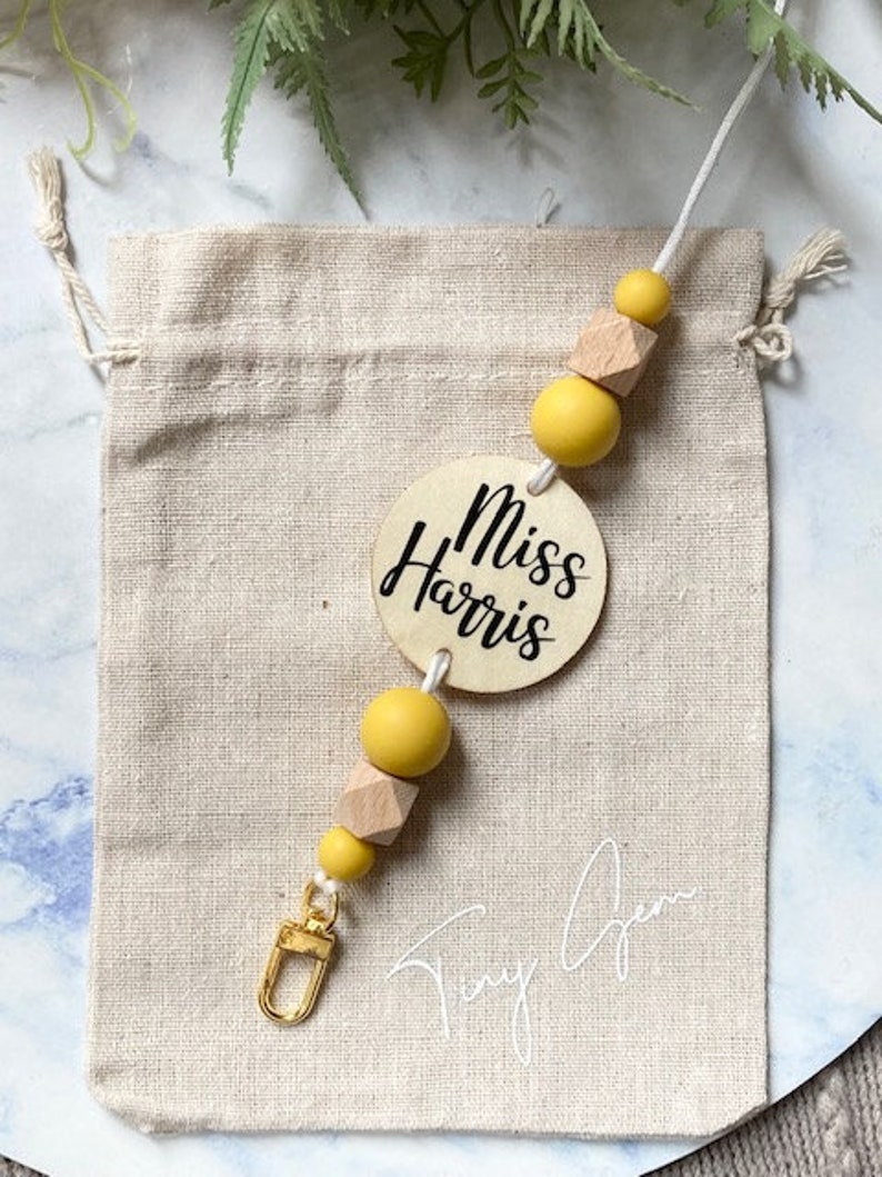 Personalized Lanyard Silicone Wooden Beaded Lanyard with Plaque Pale Tones Teacher Gift Custom Mustard