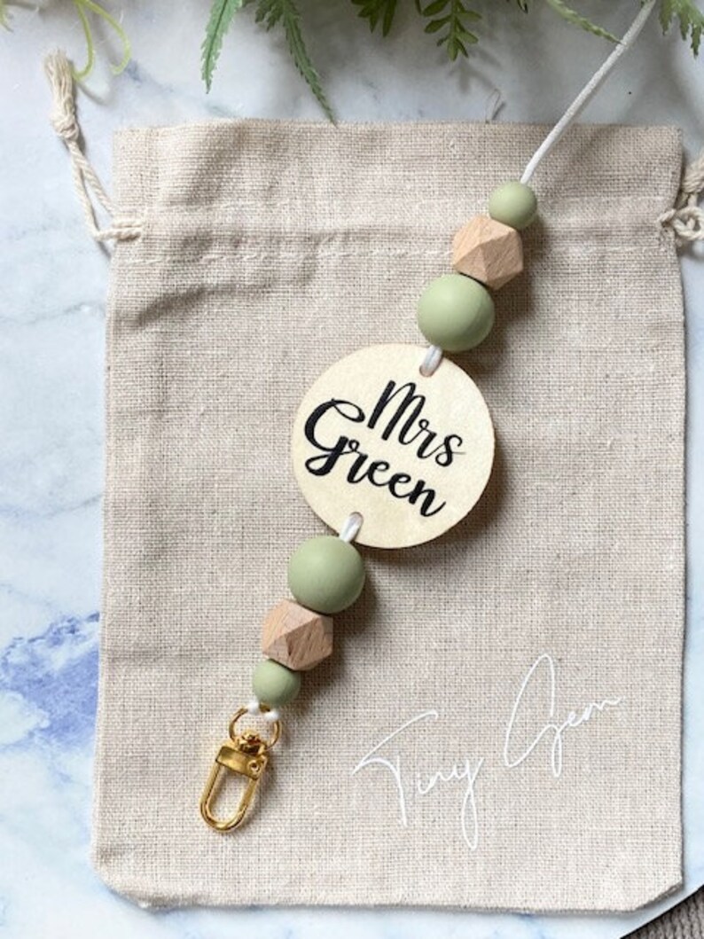 Personalized Lanyard Silicone Wooden Beaded Lanyard with Plaque Pale Tones Teacher Gift Custom Lint Green