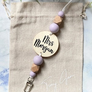 Personalized Lanyard Silicone Wooden Beaded Lanyard with Plaque Pale Tones Teacher Gift Custom Lilac