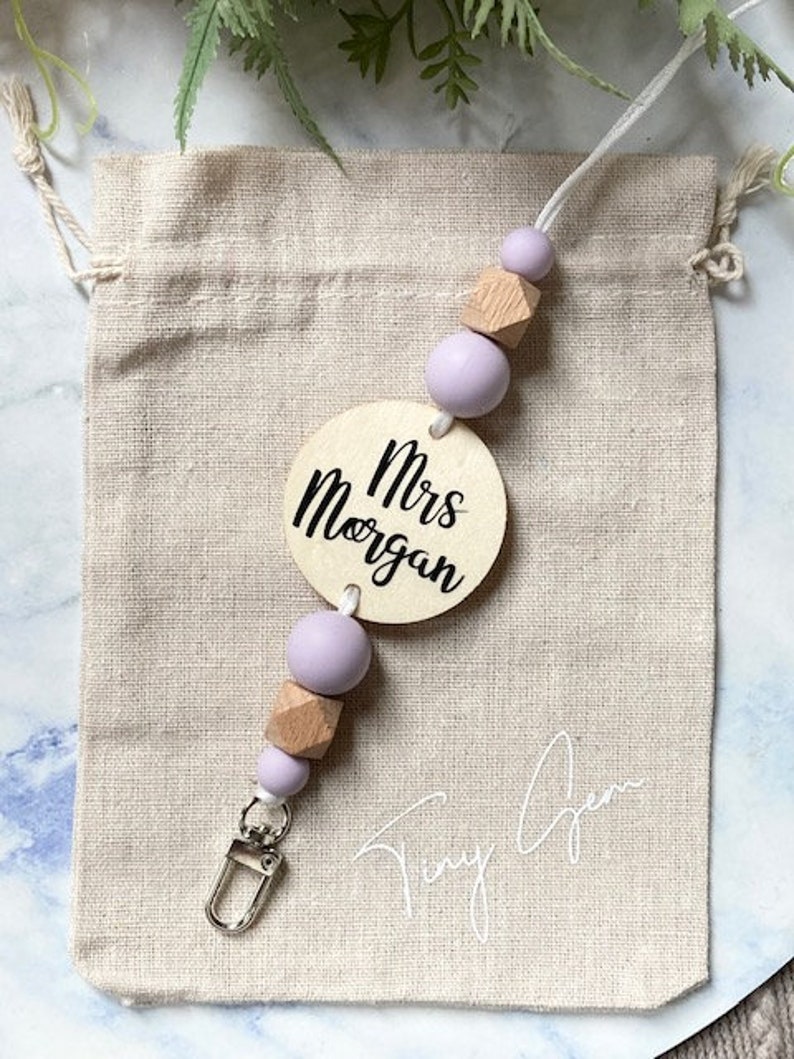 Personalized Lanyard Silicone Wooden Beaded Lanyard with Plaque Pale Tones Teacher Gift Custom Lilac