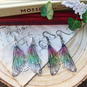 A sweet pair of rainbow green and pink faerie wings/ fairy jewellery/ Christmas gift/ dangle earrings/ gift for her/ earrings