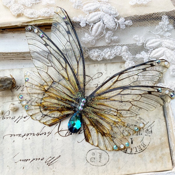 Large double natural faerie wing hair clip