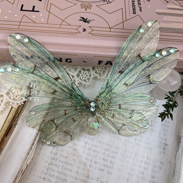 Large double Ethereal green faerie wing hair adornment