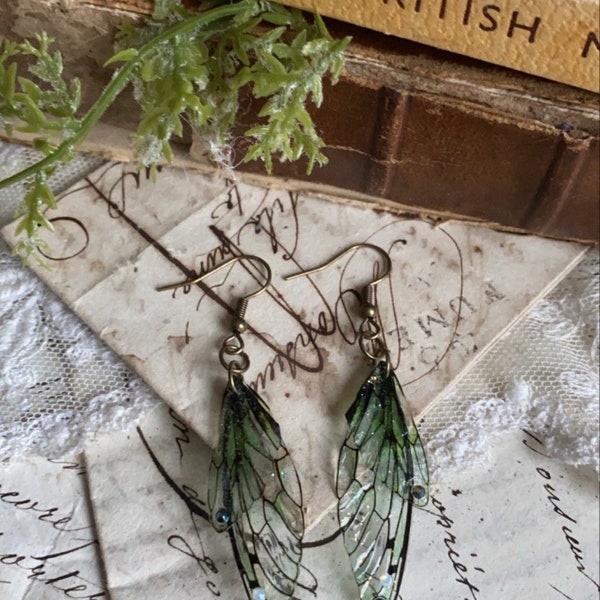 Small Forest green Faerie Wing Earrings/gift for her/fairy earrings/ whimsical jewellery Birthday gift/ dangle earrings