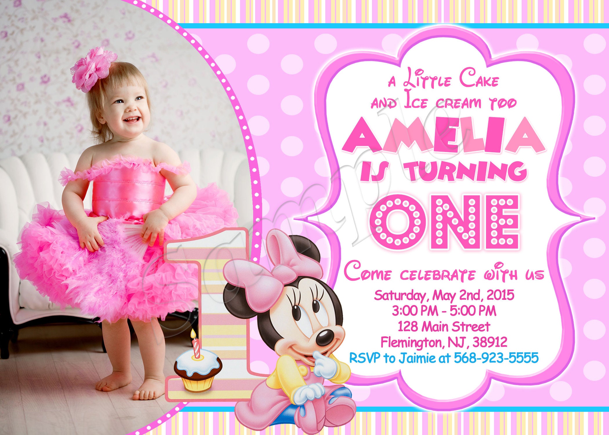Baby Minnie Mouse First Birthday Invitation Baby Minnie Mouse Etsy