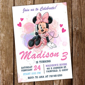 Minnie Mouse uitnodiging Minnie Mouse aquarel uitnodiging roze Minnie Mouse uitnodiging Minnie Mouse verjaardag Minnie Mouse feest
