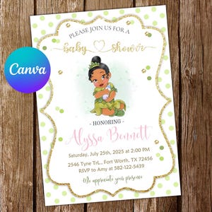 Invitation bébé Tiana princesse Baby Tiana anniversaire Invitation princesse et grenouille fête Baby Shower invitations modifiable carte numérique