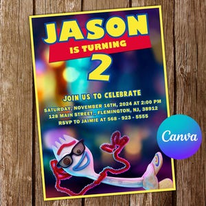 May include: A colorful birthday party invitation featuring a cartoon character from the Toy Story movie franchise. The invitation is for a boy named Jason who is turning two years old. The invitation includes the date, time, and location of the party. The text on the invitation reads "Jason is turning 2. Join us to celebrate. Saturday, November 16th, 2024 at 2:00 PM. 128 Main Street, Flemington, NJ, 38912. RSVP to Jaimie at 568-923-5555."