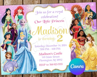 Princess Invitation Frozen Birthday Invitation Belle Party Ariel Jasmine Editable Invitation Cinderella Rapunzel Merida Sofia Tiana