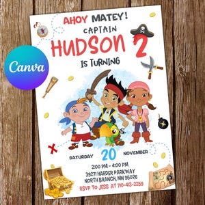 May include: A pirate-themed birthday party invitation featuring cartoon pirates, a treasure chest, and a map. The invitation includes the text "Ahoy Matey! Captain Hudson 2 is Turning" and event details.