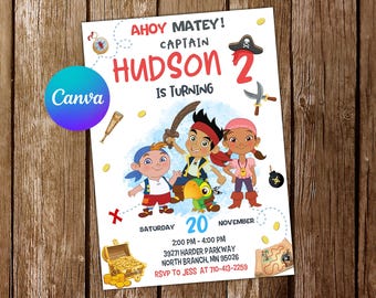 Könnte beinhalten: Eine Einladung zum Geburtstag mit Piraten-Motiv, die Cartoon-Piraten, eine Schatzkiste und eine Karte zeigt. Die Einladung enthält den Text "Ahoy Matey! Captain Hudson 2 is Turning" und Eventdetails.