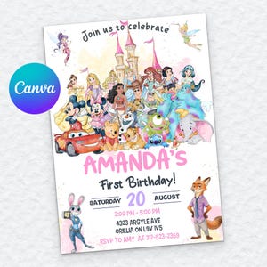 Op de afbeelding: Een verjaardagsuitnodiging met een aquarel illustratie van Disney-personages, waaronder prinsessen, Mickey en Minnie Mouse en anderen. De uitnodiging luidt "Join us to celebrate" en "Amanda's First Birthday!" met evenementdetails.