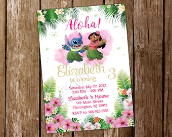 May include: A birthday invitation featuring Stitch and Angel from Lilo & Stitch. The invitation is decorated with pink and green tropical flowers and leaves. The text reads "Aloha! Elizabeth 3 is turning. Saturday, July 22, 2023 2:00 PM - 4:00 PM Elizabeth's House 149 Main Street Flemington, NJ 38912 RSVP to 568-923-5555"