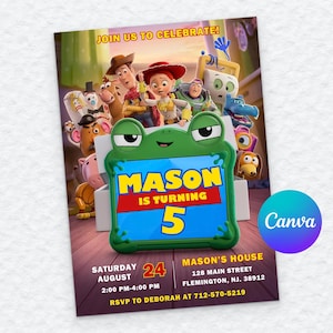 May include: A birthday invitation card featuring Toy Story characters and a green frog-shaped frame. The text reads: JOIN US TO CELEBRATE! MASON IS TURNING 5. SATURDAY AUGUST 24, 2:00 PM-4:00 PM, MASON'S HOUSE 128 MAIN STREET FLEMINGTON, NJ. 38912. RSVP TO DEBORAH AT 712-570-5219.