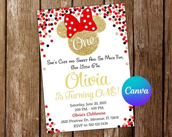 Carte numérique d'invitation Minnie Mouse rouge et or, invitation d'anniversaire Minnie Mouse, fête Minnie Mouse, carte numérique d'invitation modifiable Minnie Mouse